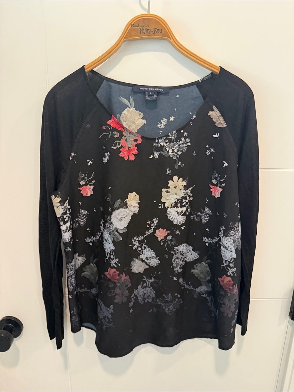 French Connection Black Floral Raglan Long-Sleeve Top